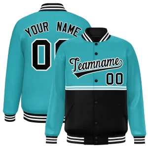 Custom Aqua Black Varsity Full-Snap Color Block Letterman Jacket