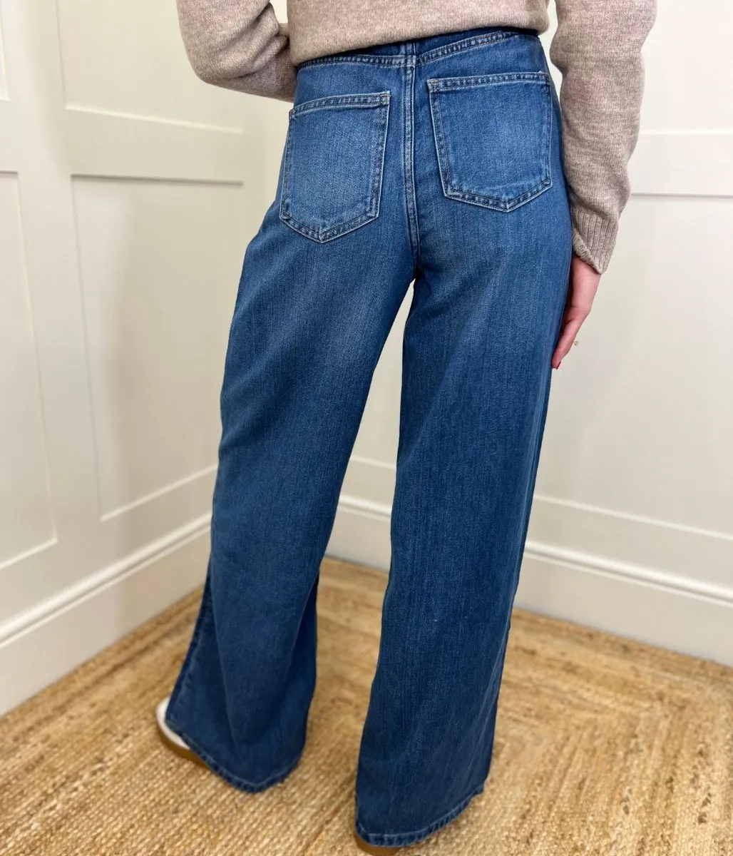 Dark Blue Denim Wide Leg Jeans