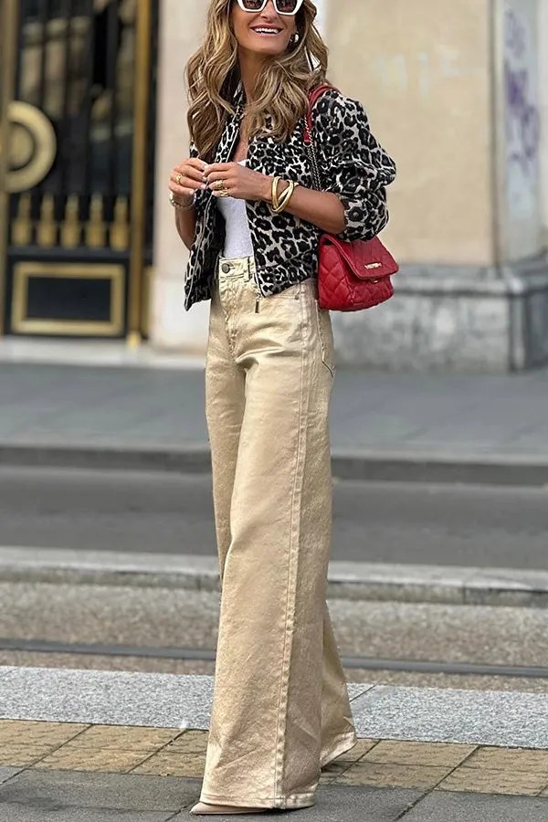 Dashing Darling Metallic Fabric High Waist Pocketed Wide Leg Pants