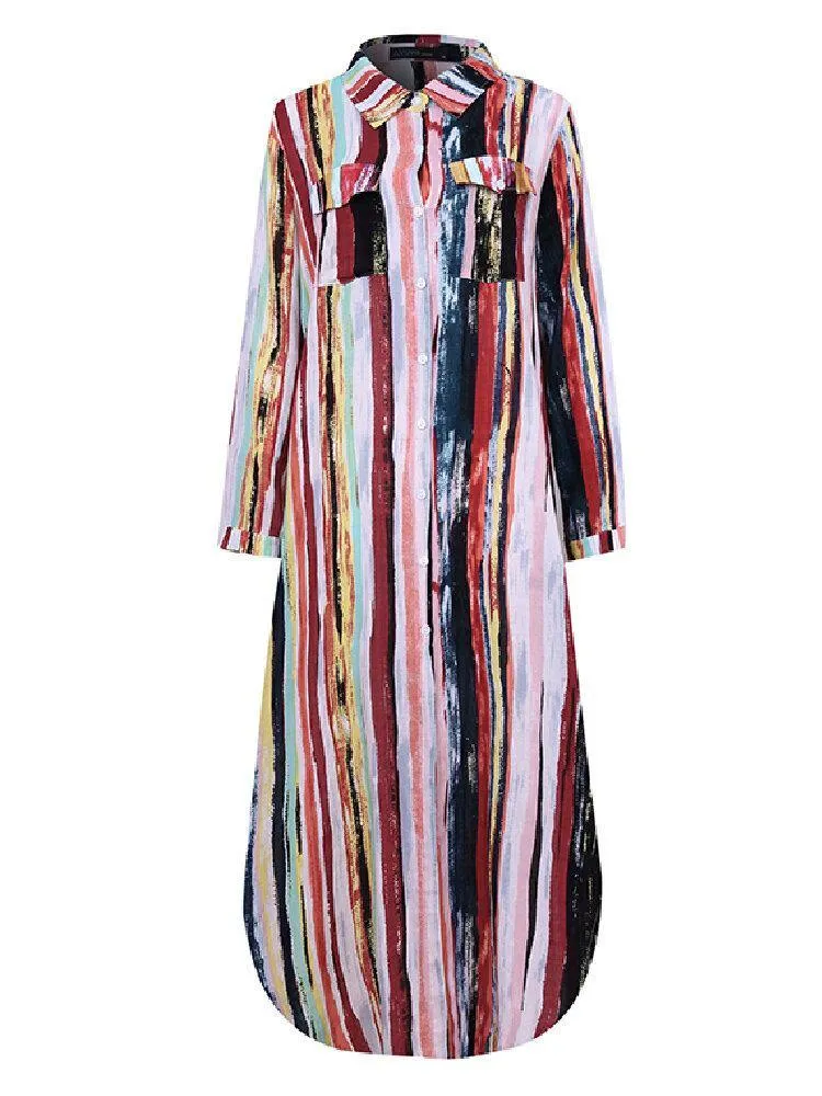 deanwangkt Women Cotton Color Stripe Print Casual Maxi Shirts Dress with Front Pockets