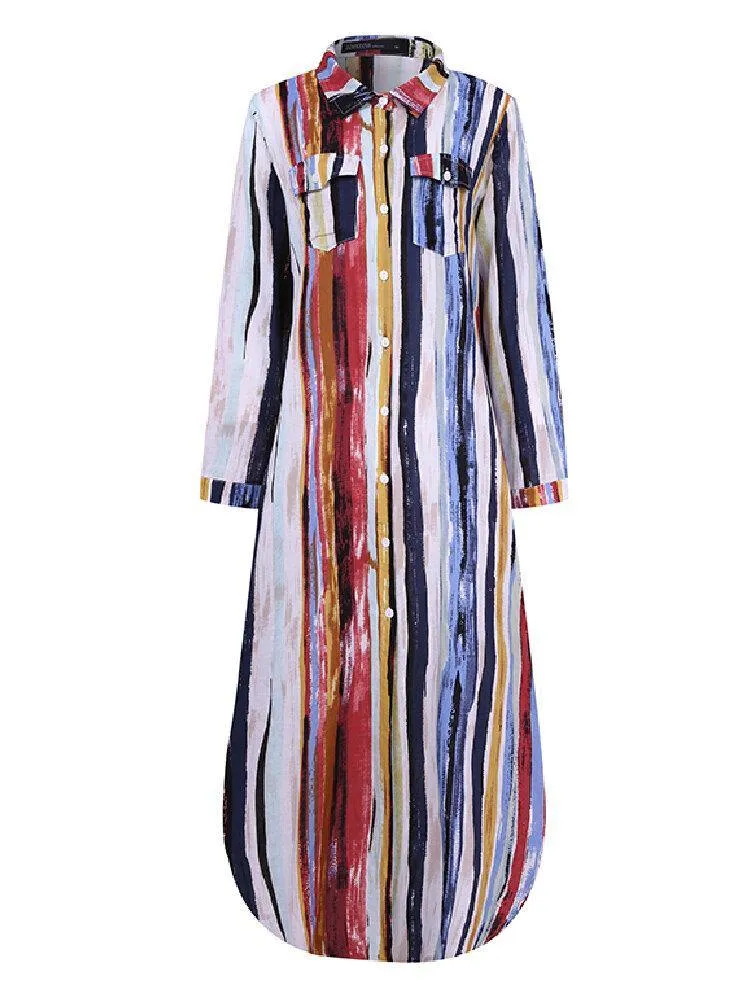 deanwangkt Women Cotton Color Stripe Print Casual Maxi Shirts Dress with Front Pockets