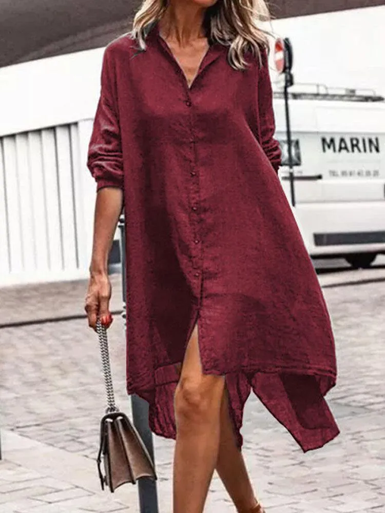 deanwangkt Women Solid Color Lapel Lack Slit Loose Shirt Dress