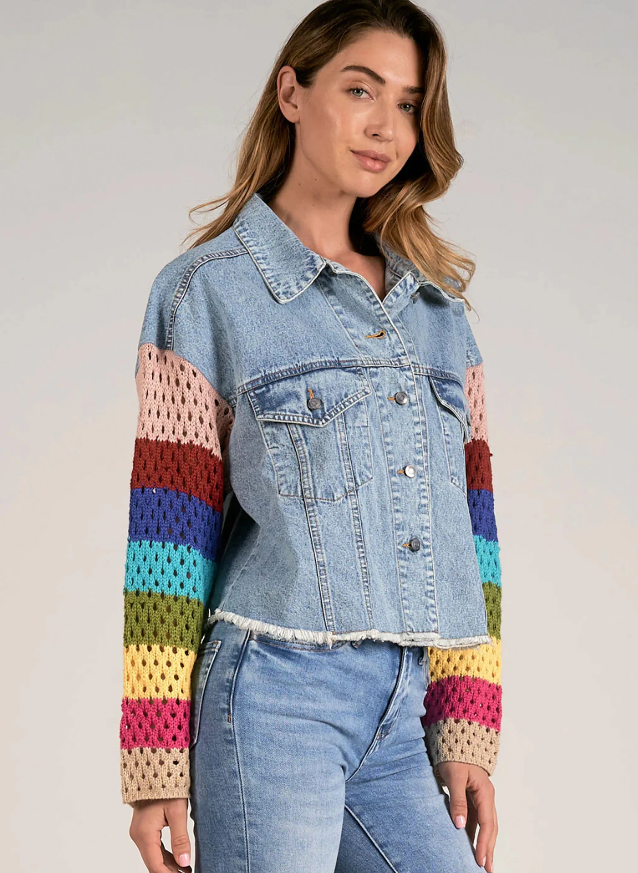 Elan - Jacket Crop Crochet Sleeve - Denim