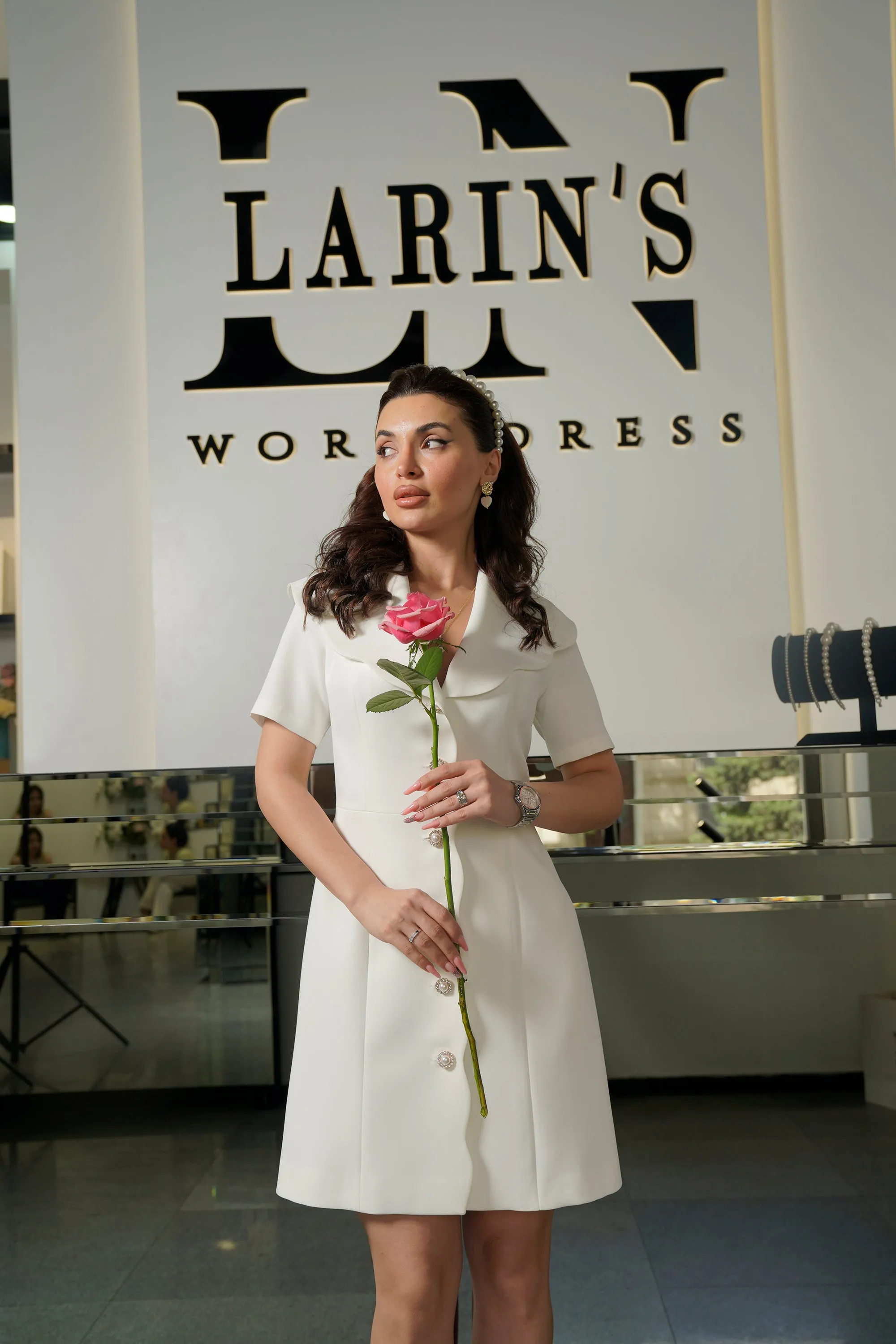 Elegant White A-Line Dress with Button Details