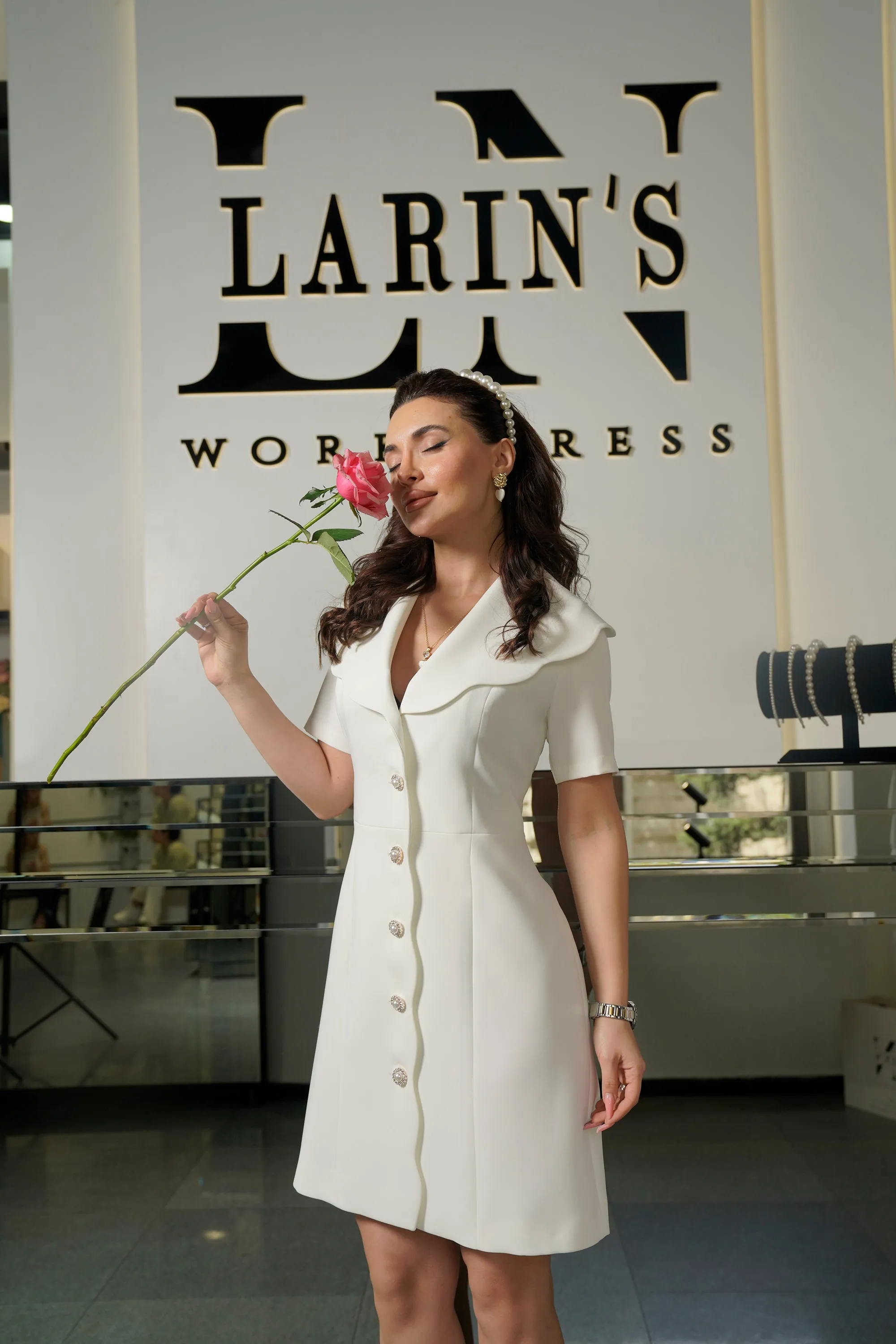 Elegant White A-Line Dress with Button Details