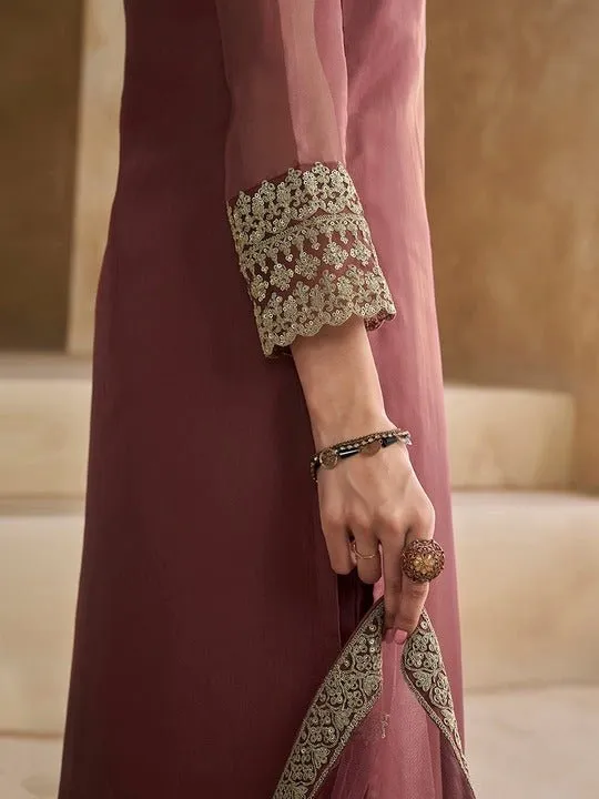 Embroidered Kurta with Trousers & Dupatta