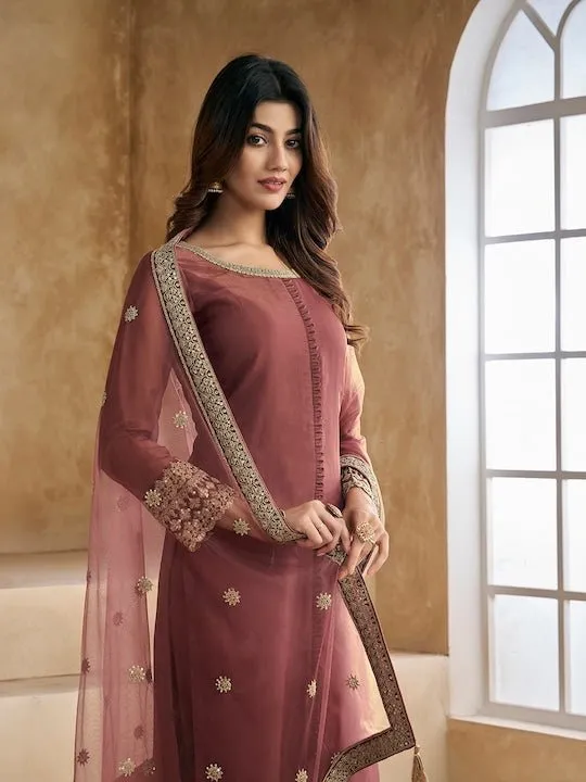 Embroidered Kurta with Trousers & Dupatta