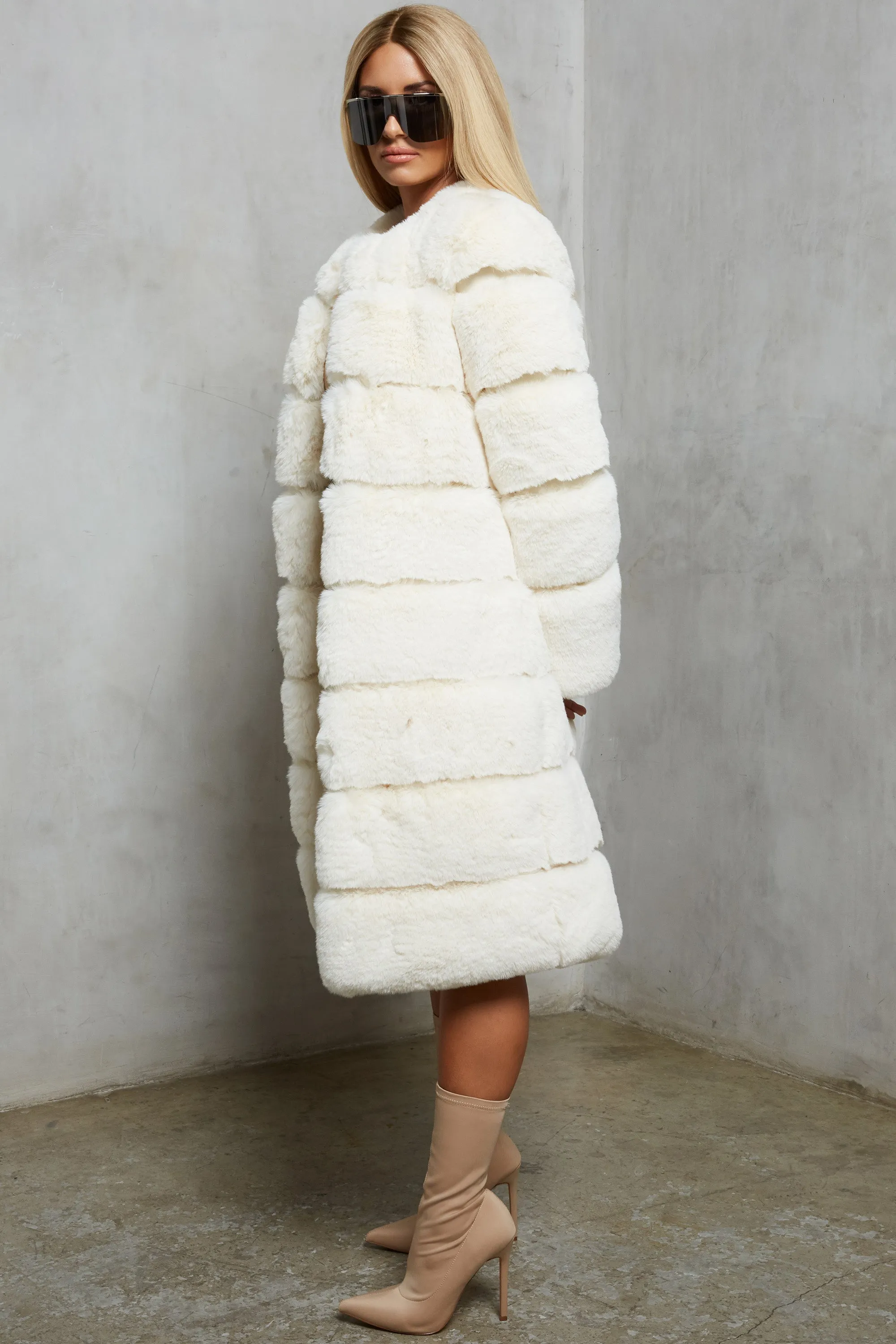 Executive Longline Panel Faux Fur Coat in Ivory