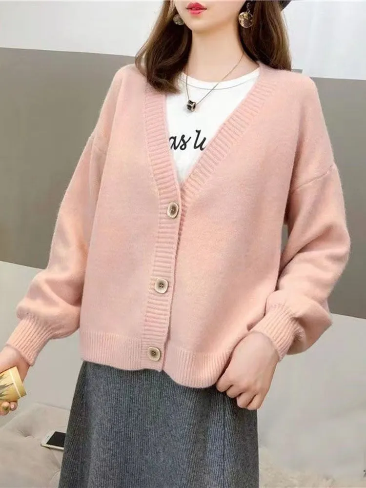 Fashion Women Cardigan Sweater Casual V Neck Loose Button Up Knitted Solid Coat Fall Long Sleeve Korean Winter Female Top