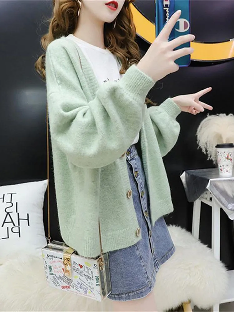 Fashion Women Cardigan Sweater Casual V Neck Loose Button Up Knitted Solid Coat Fall Long Sleeve Korean Winter Female Top