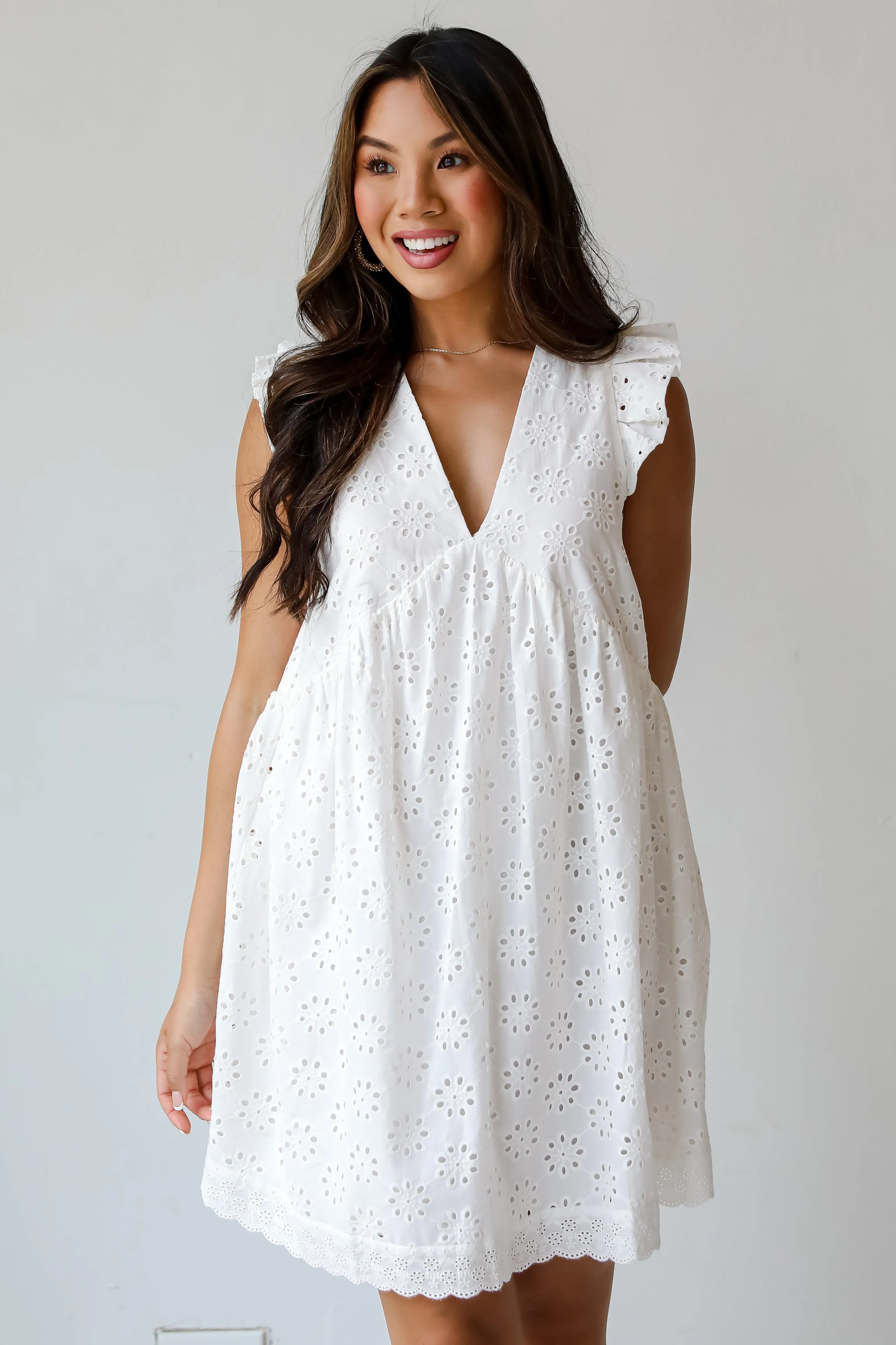 FINAL SALE - Deeply Delightful White Eyelet Babydoll Mini Dress