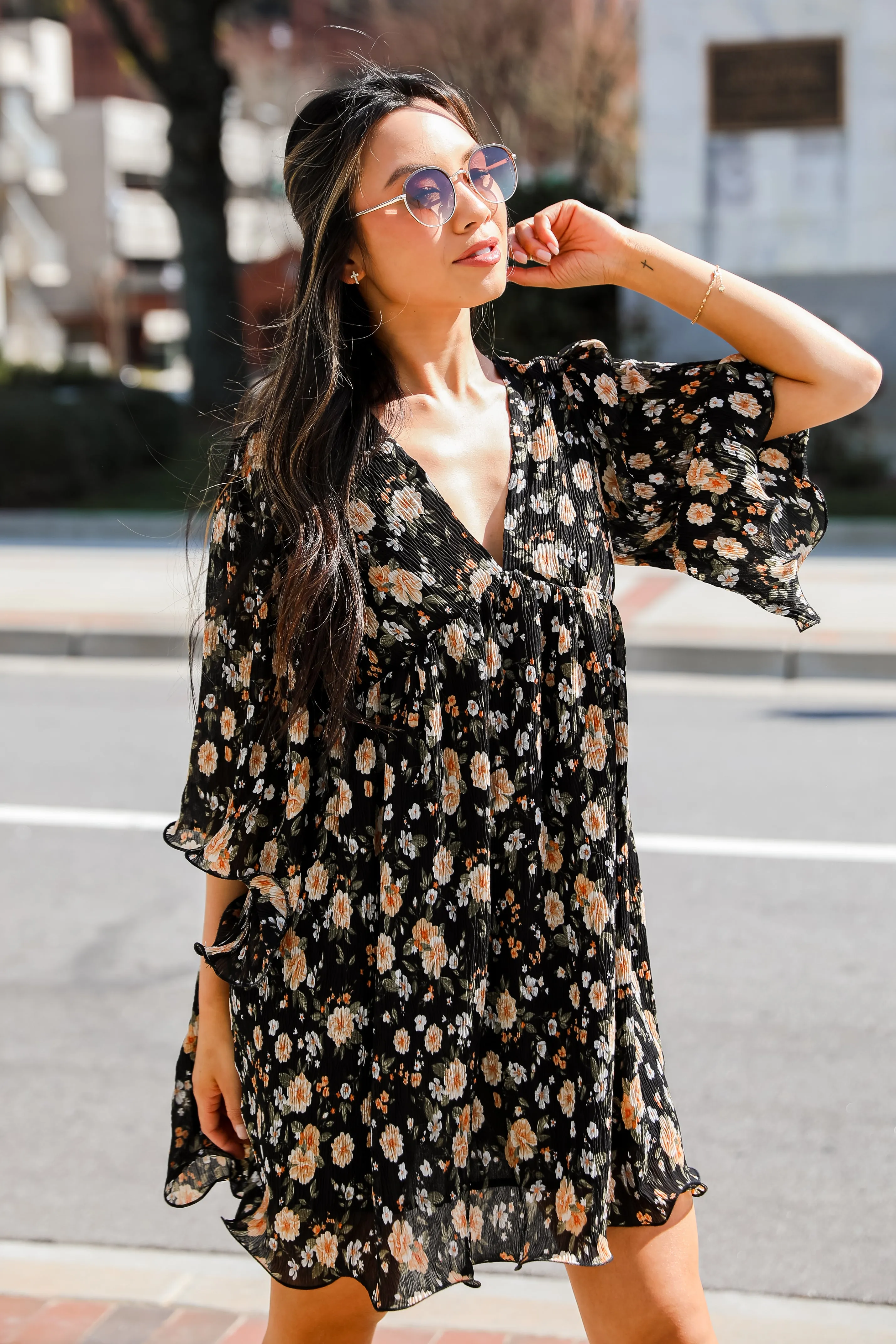 FINAL SALE - Ready To Blossom Black Floral Babydoll Mini Dress