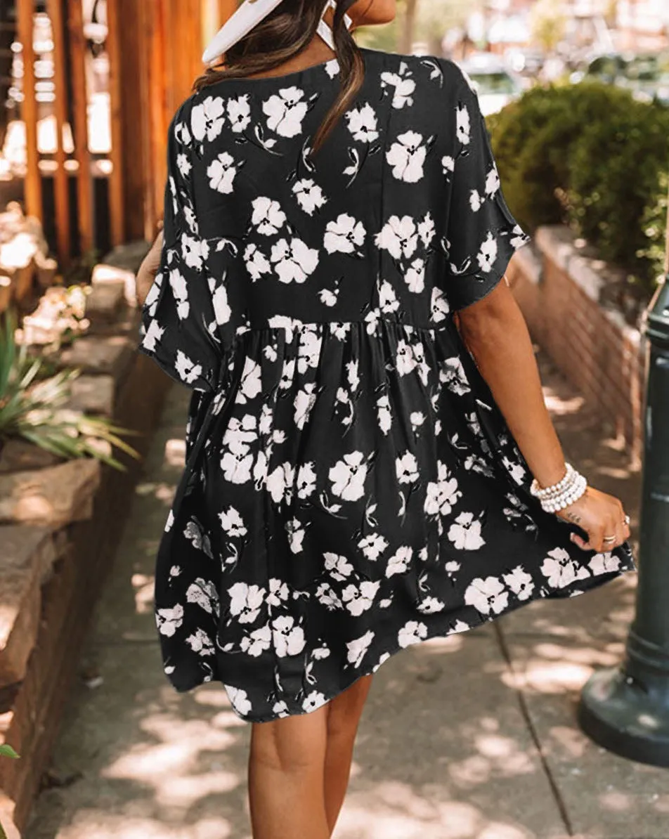 Floral 3/4 Sleeve Pocketed Babydoll Dress