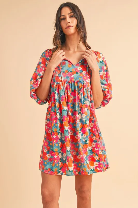 Floral Tie Split Neck Bubble Sleeve Babydoll Dress