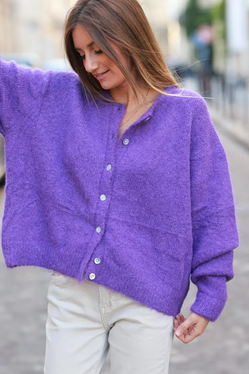 Gilet douillet violet chiné en maille col rond boutons nacrés