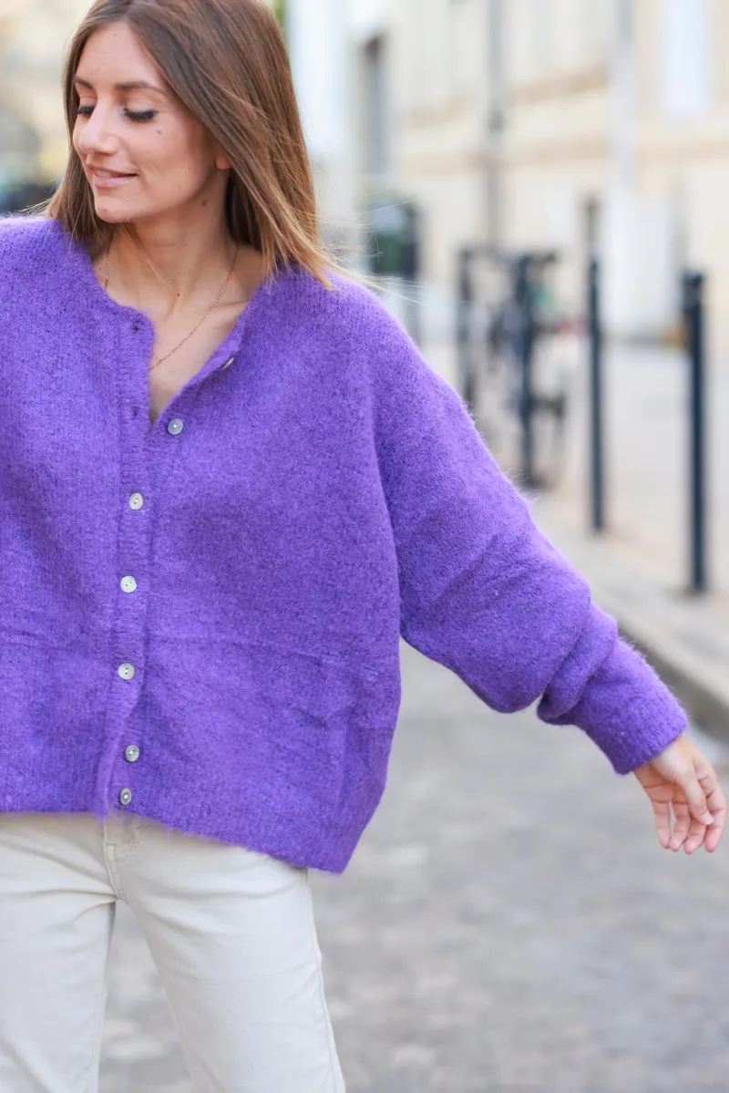 Gilet douillet violet chiné en maille col rond boutons nacrés