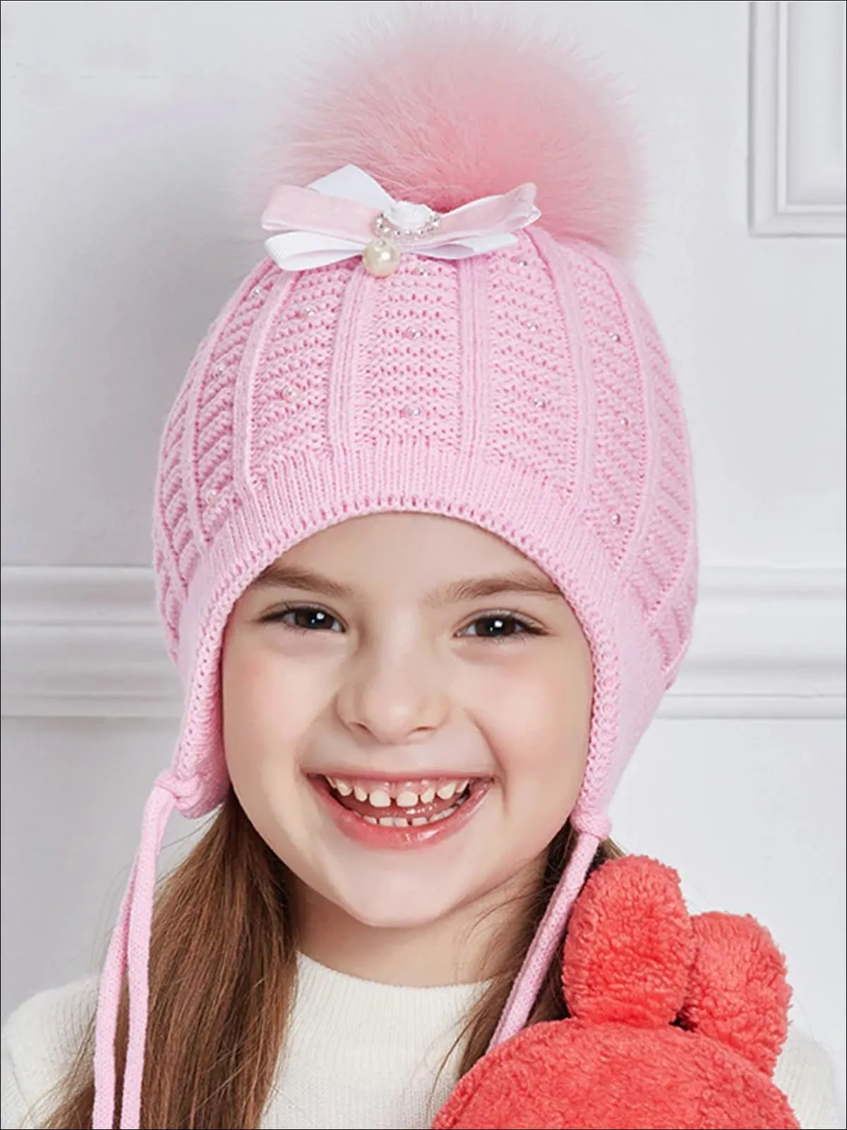 Girls Fall Knit Pearl Embellished Bow Tie Pom Pom Beanie ( 4 Color Options)