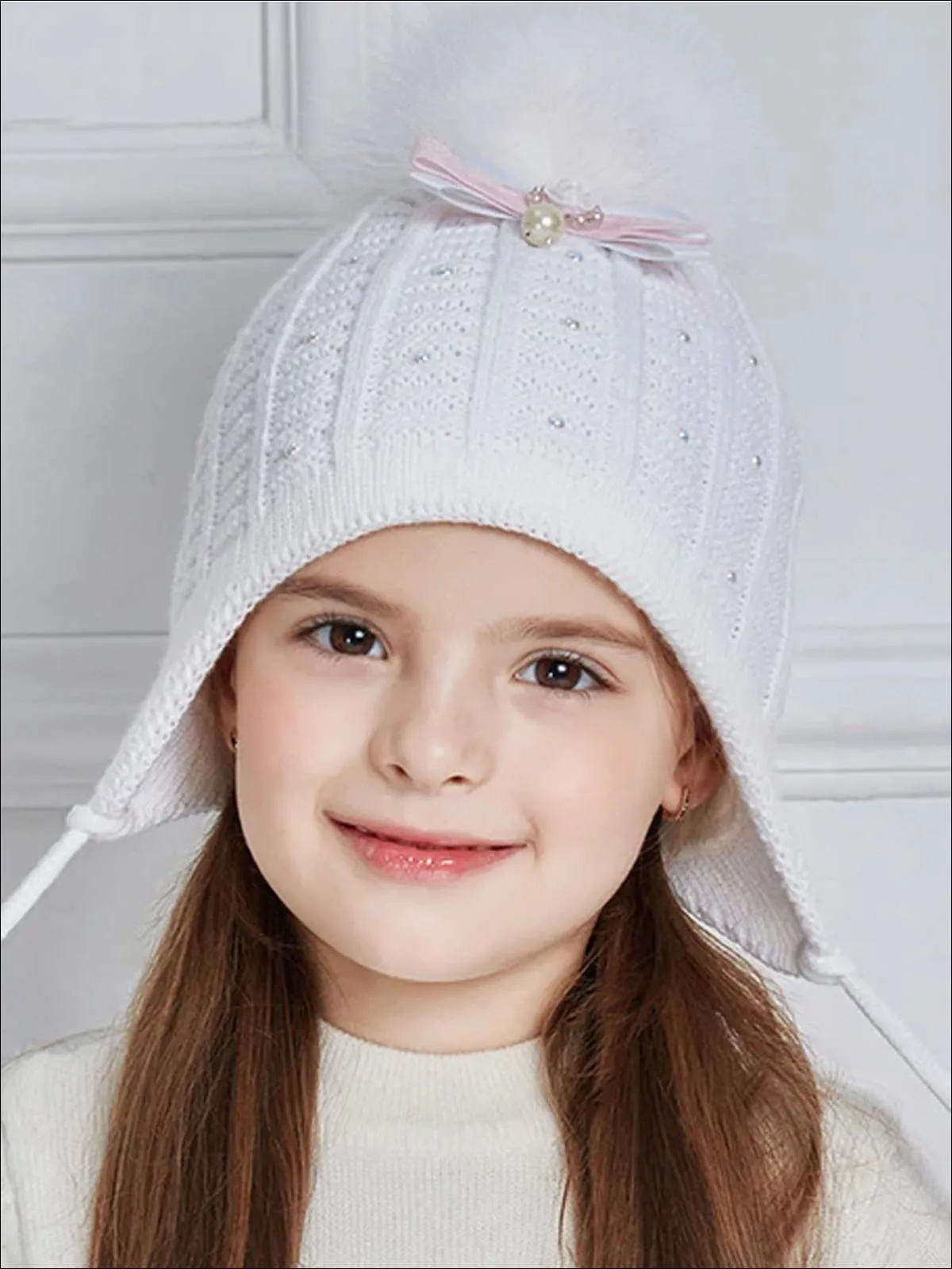 Girls Fall Knit Pearl Embellished Bow Tie Pom Pom Beanie ( 4 Color Options)