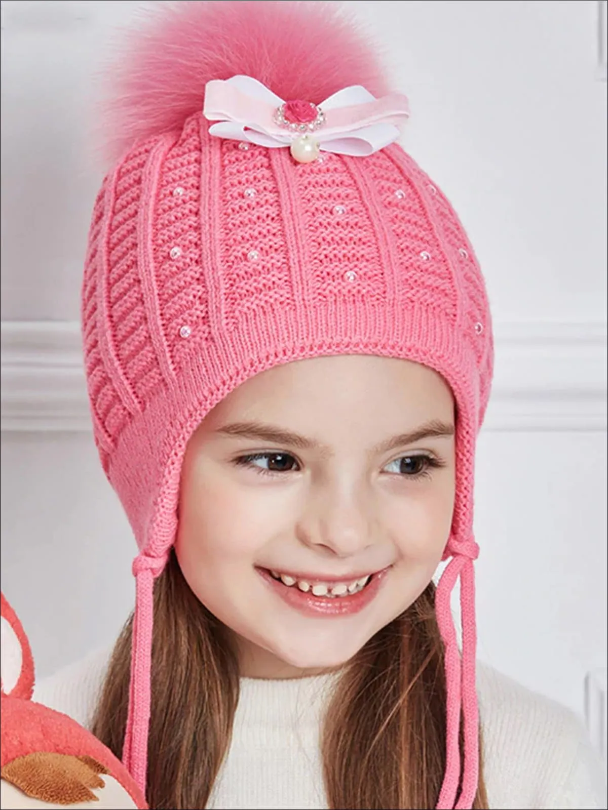 Girls Fall Knit Pearl Embellished Bow Tie Pom Pom Beanie ( 4 Color Options)