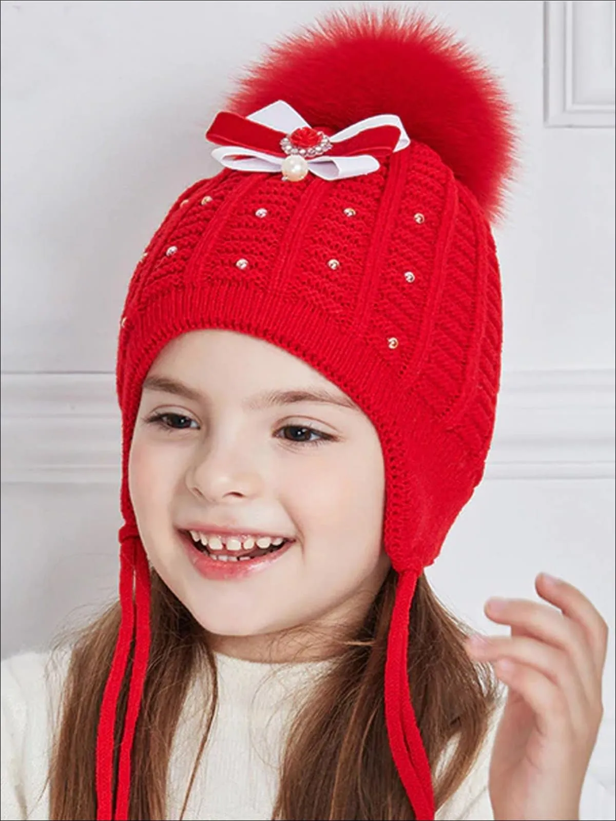 Girls Fall Knit Pearl Embellished Bow Tie Pom Pom Beanie ( 4 Color Options)