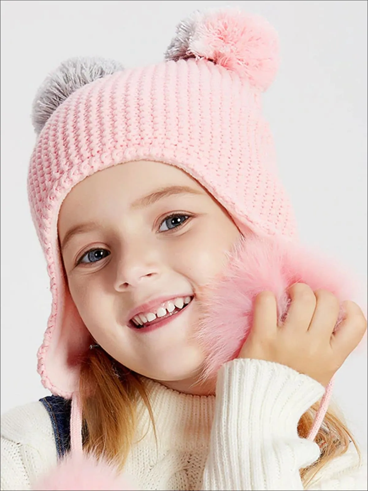 Girls Pink Fall Knit Pom Pom Beanie