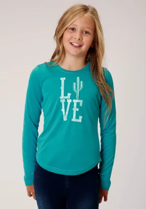 GIRLS TURQUOISE WITH LOVE SCREEN PRINT LONG SLEEVE KNIT T-SHIRT