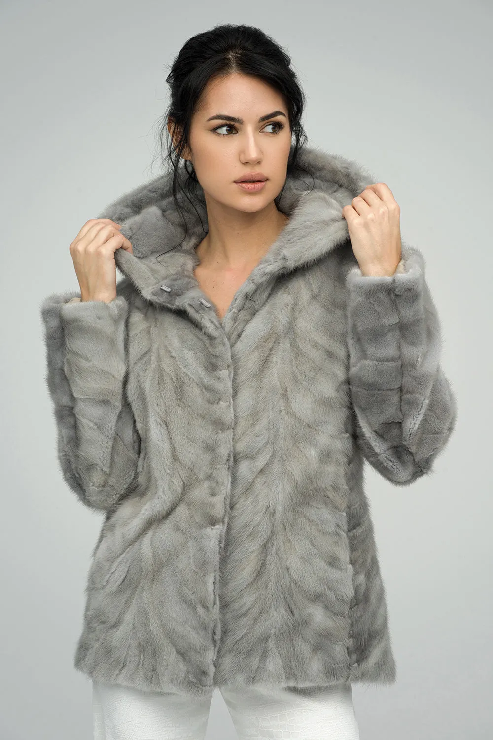 Gray Genuine Hooded Mink Fur Coat