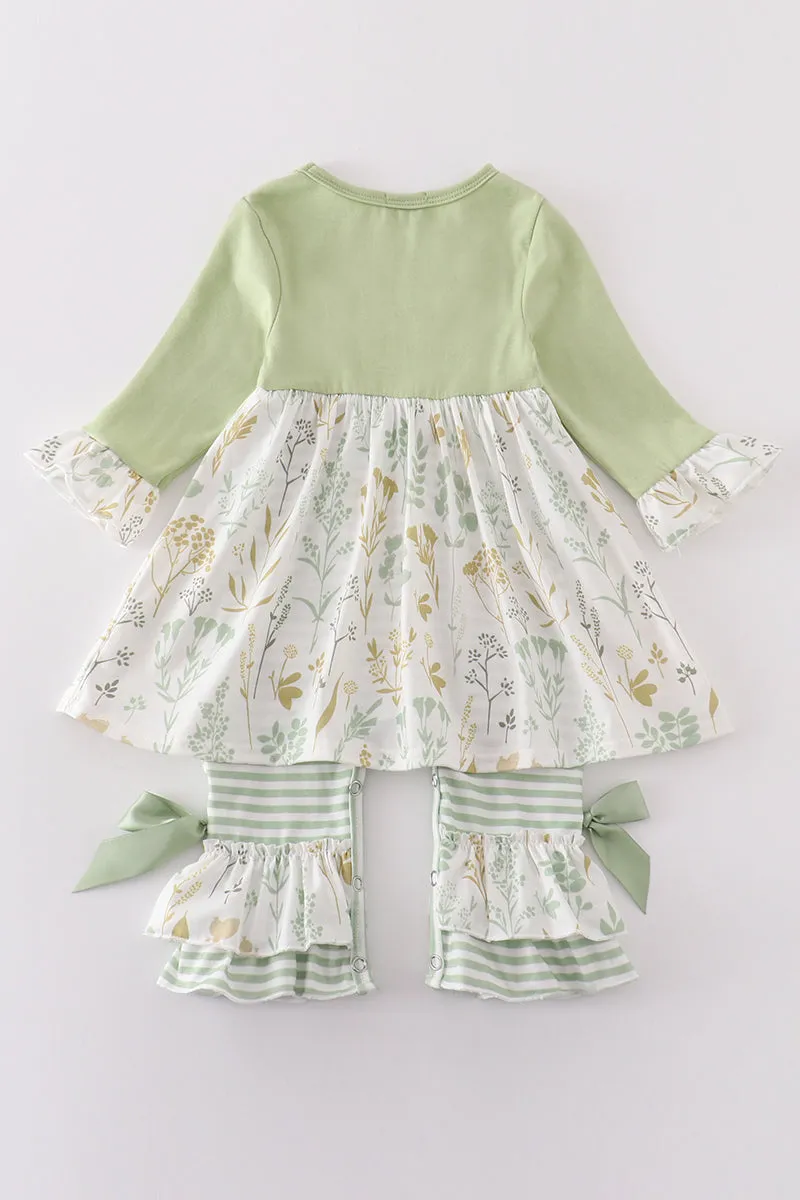 Green botanical girl romper