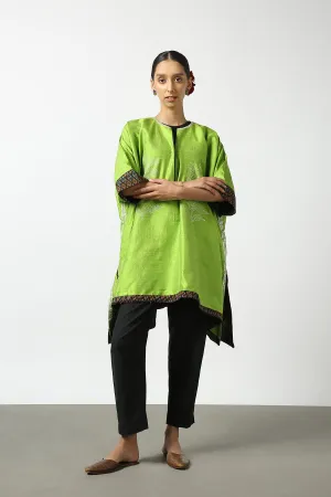 Green Raw Silk Hand Embroidered Short Phiran Top