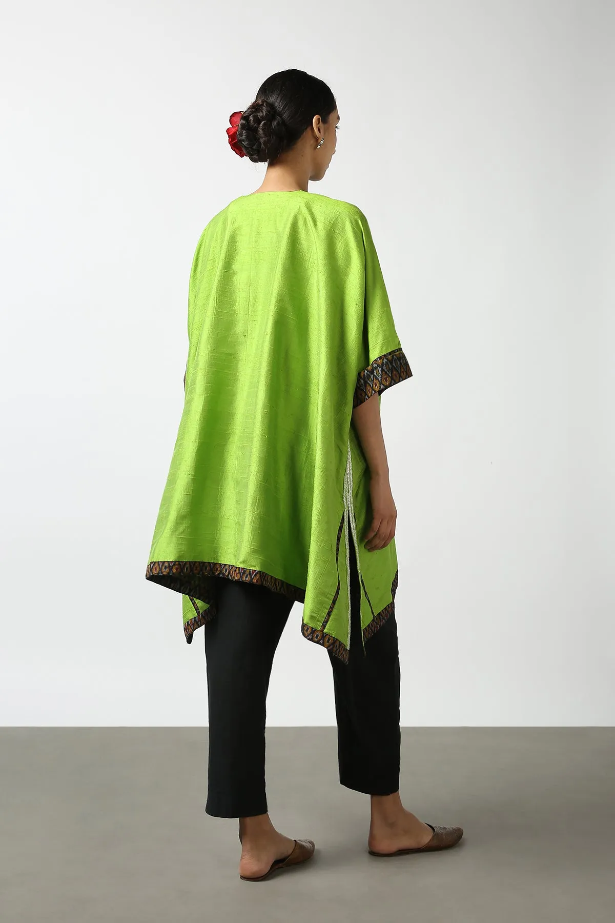 Green Raw Silk Hand Embroidered Short Phiran Top