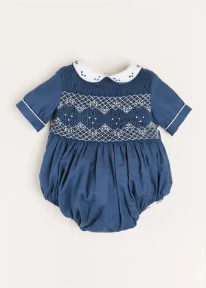 Hand Smocked Peter Pan Collar Short Sleeve Romper in Royal Blue (6mths-2yrs)