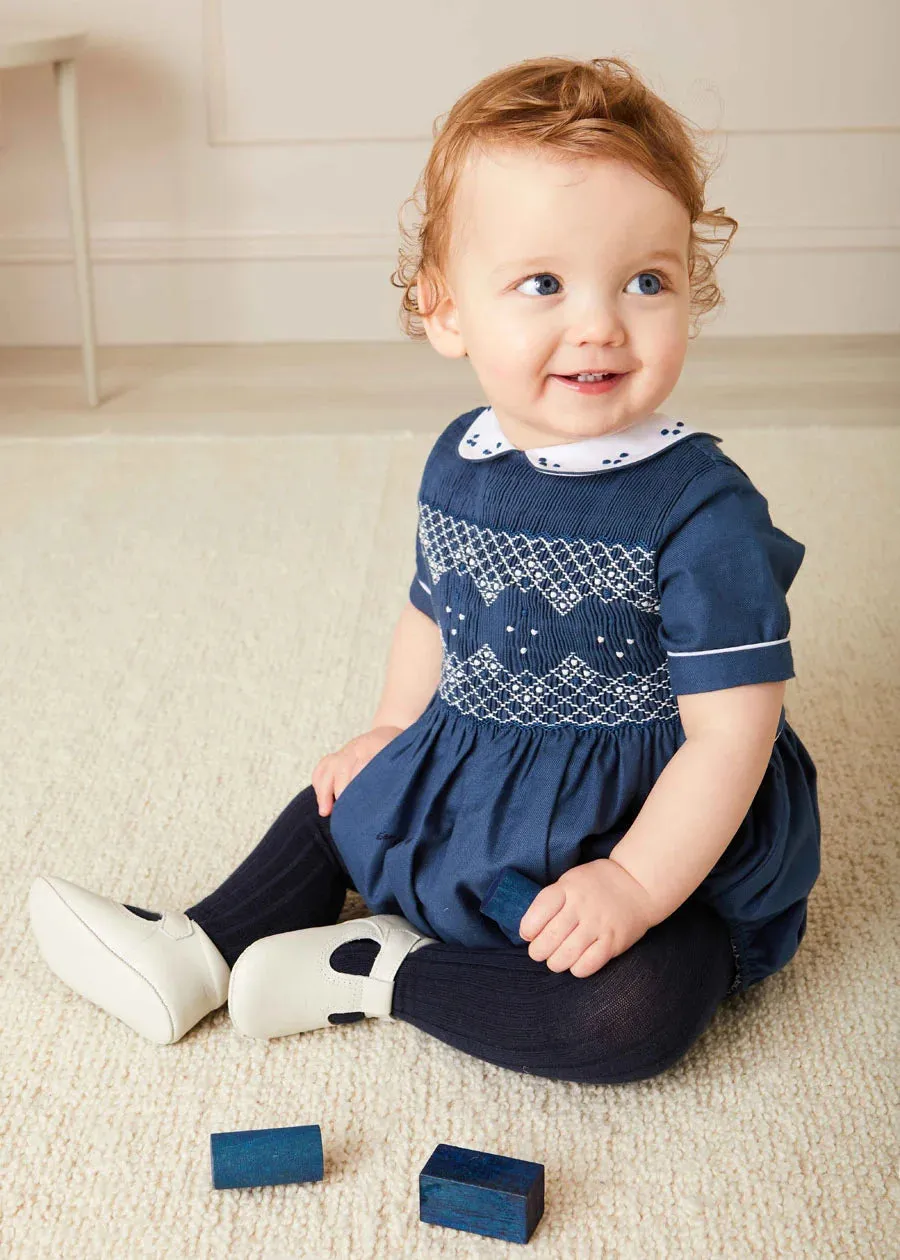 Hand Smocked Peter Pan Collar Short Sleeve Romper in Royal Blue (6mths-2yrs)