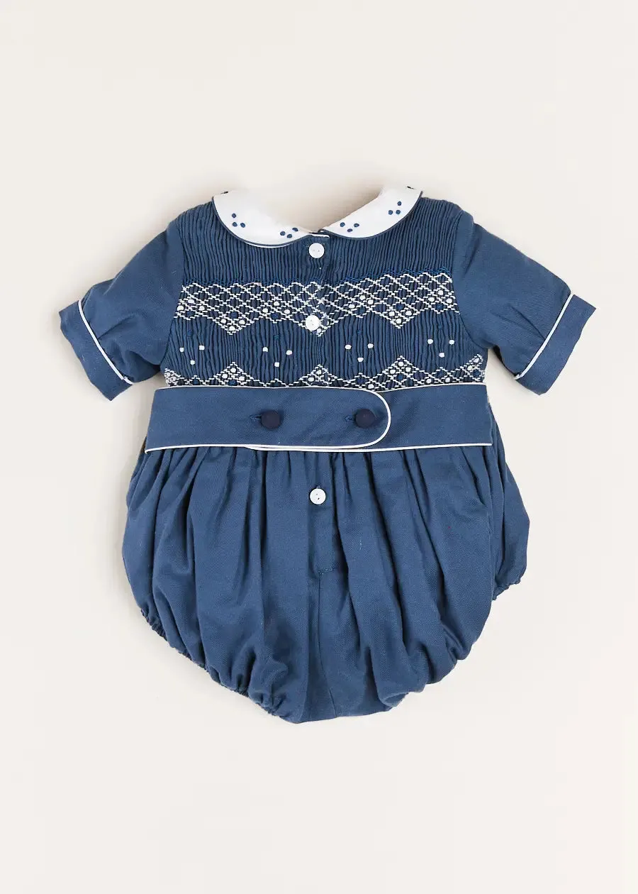 Hand Smocked Peter Pan Collar Short Sleeve Romper in Royal Blue (6mths-2yrs)