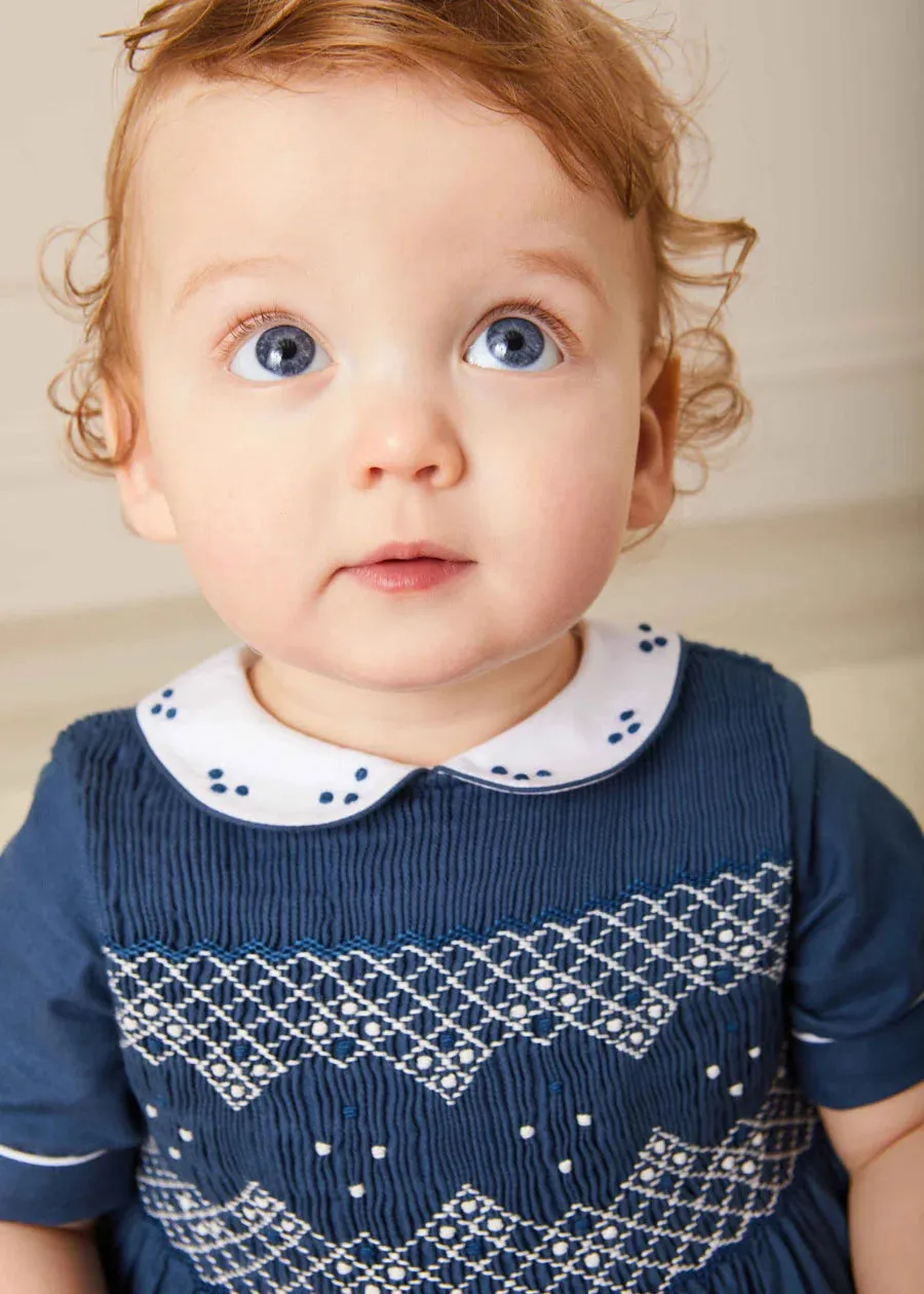 Hand Smocked Peter Pan Collar Short Sleeve Romper in Royal Blue (6mths-2yrs)