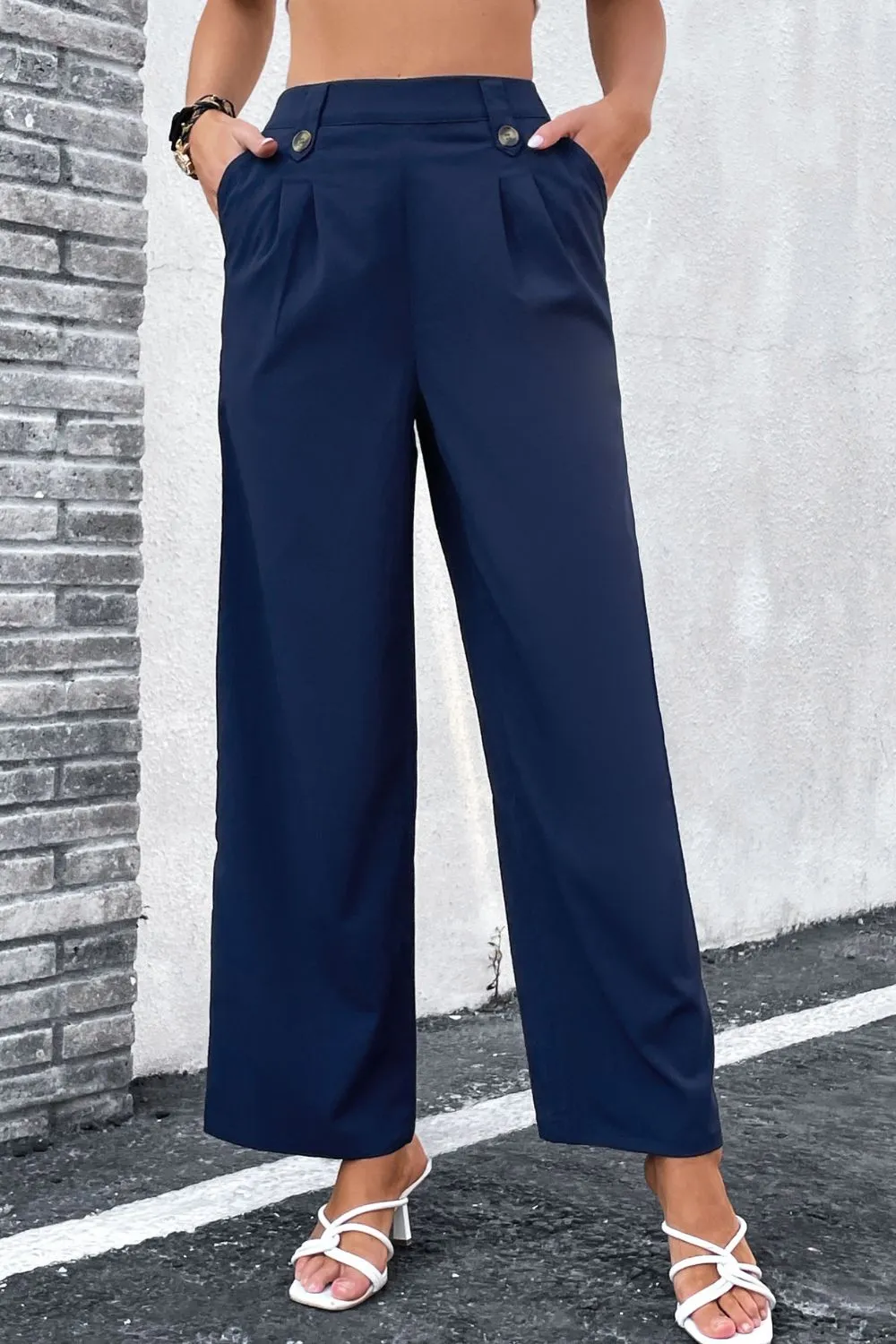 High-Rise Pleated Waist Wide Leg Pants