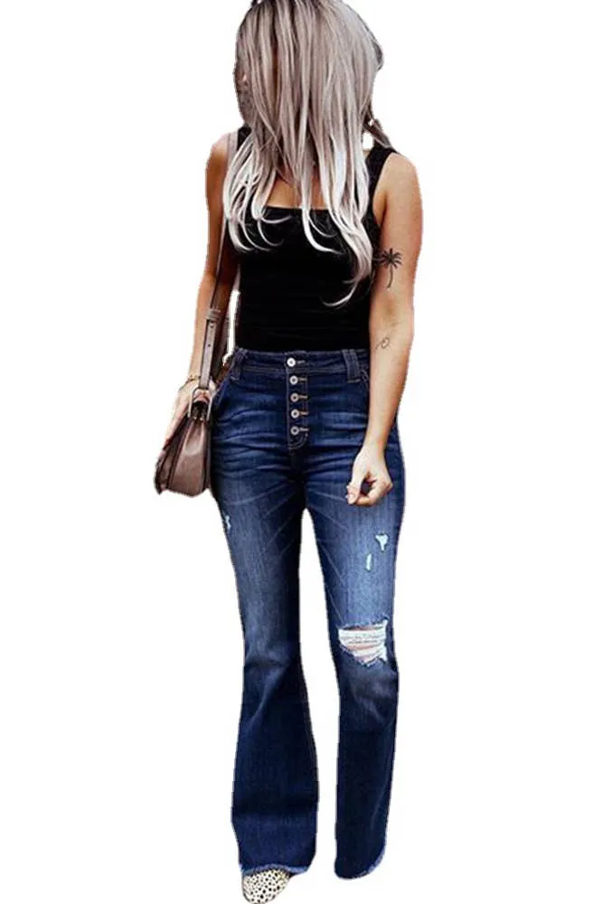 High Waist Hole Bell Bottom Pants Jeans