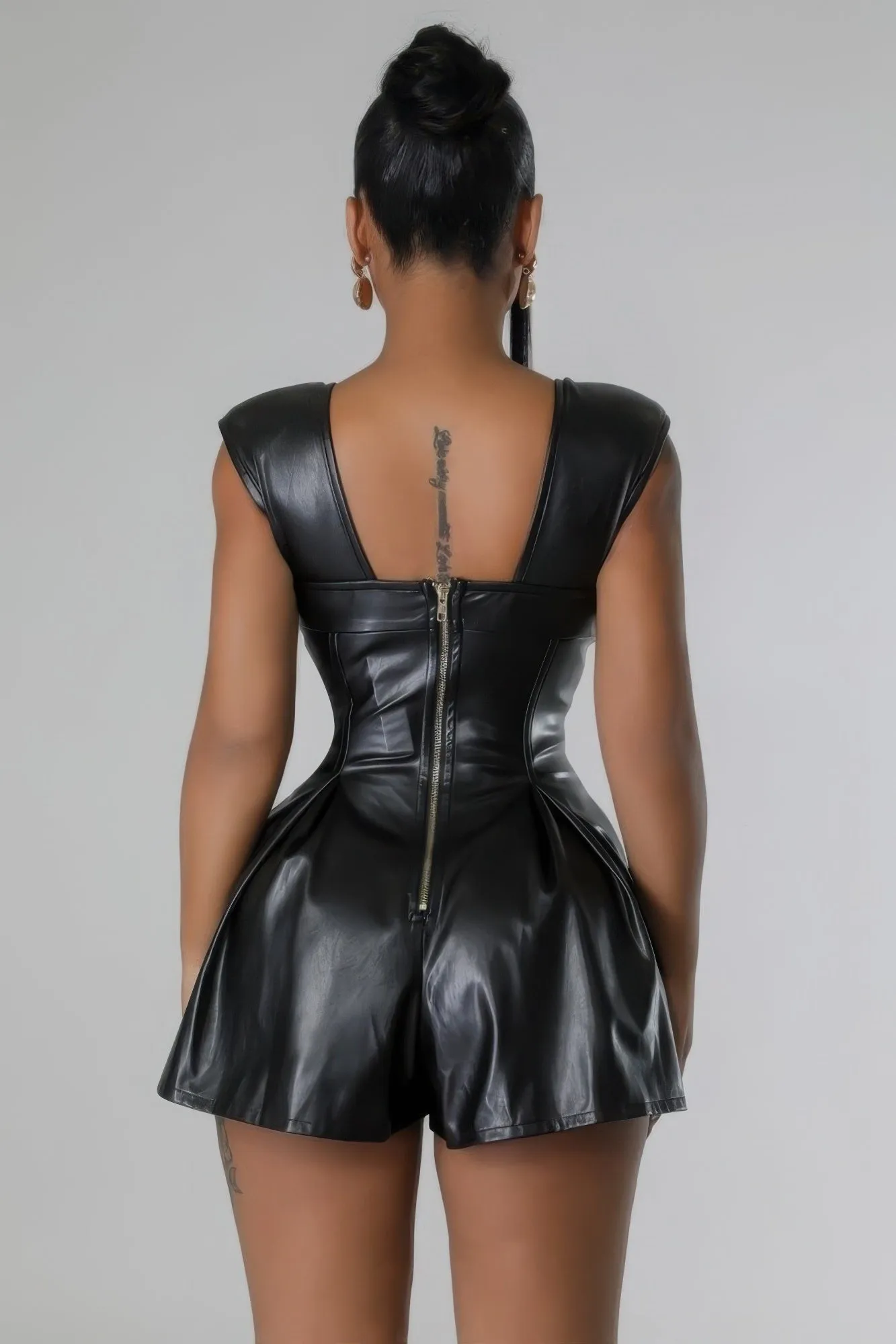 Hot Girl Corset Waist Faux Leather Stretch Romper In Black