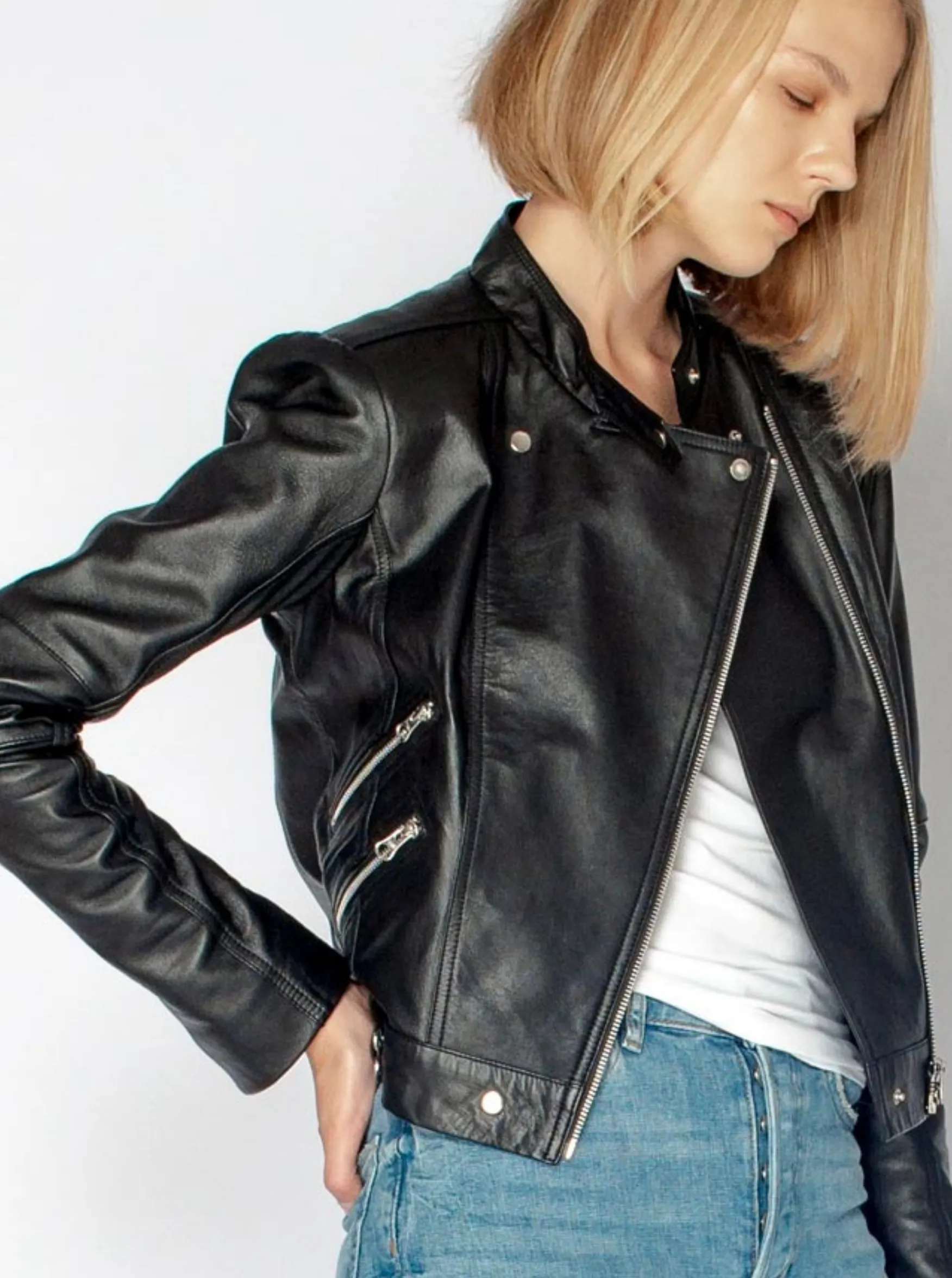 IMOGEN LEATHER BIKER JACKET - BLACK