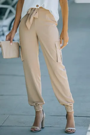 Khaki Side Pockets Slim Fit Knotted High Waist Pants