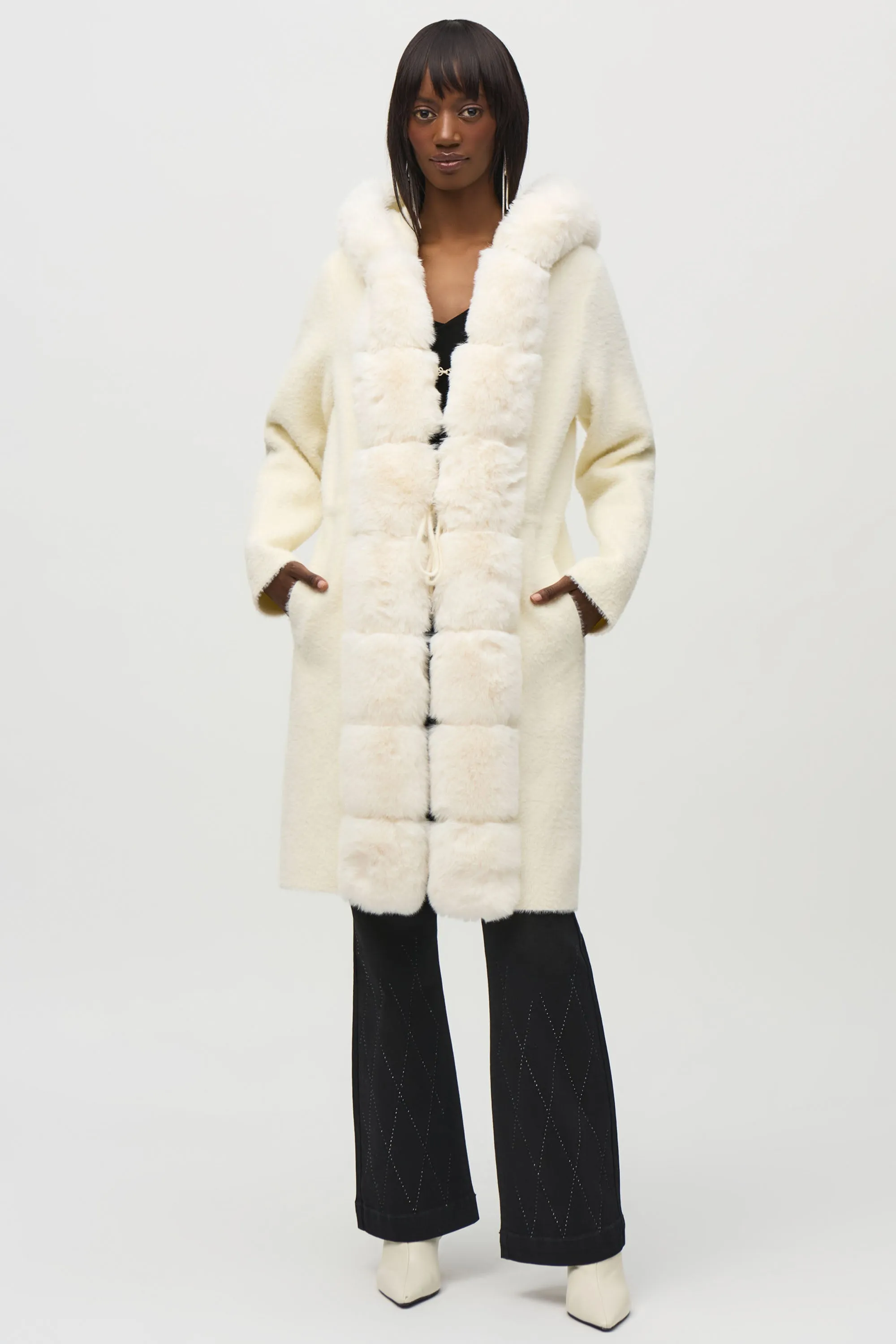 KNIT & FAUX FUR HOODED COAT