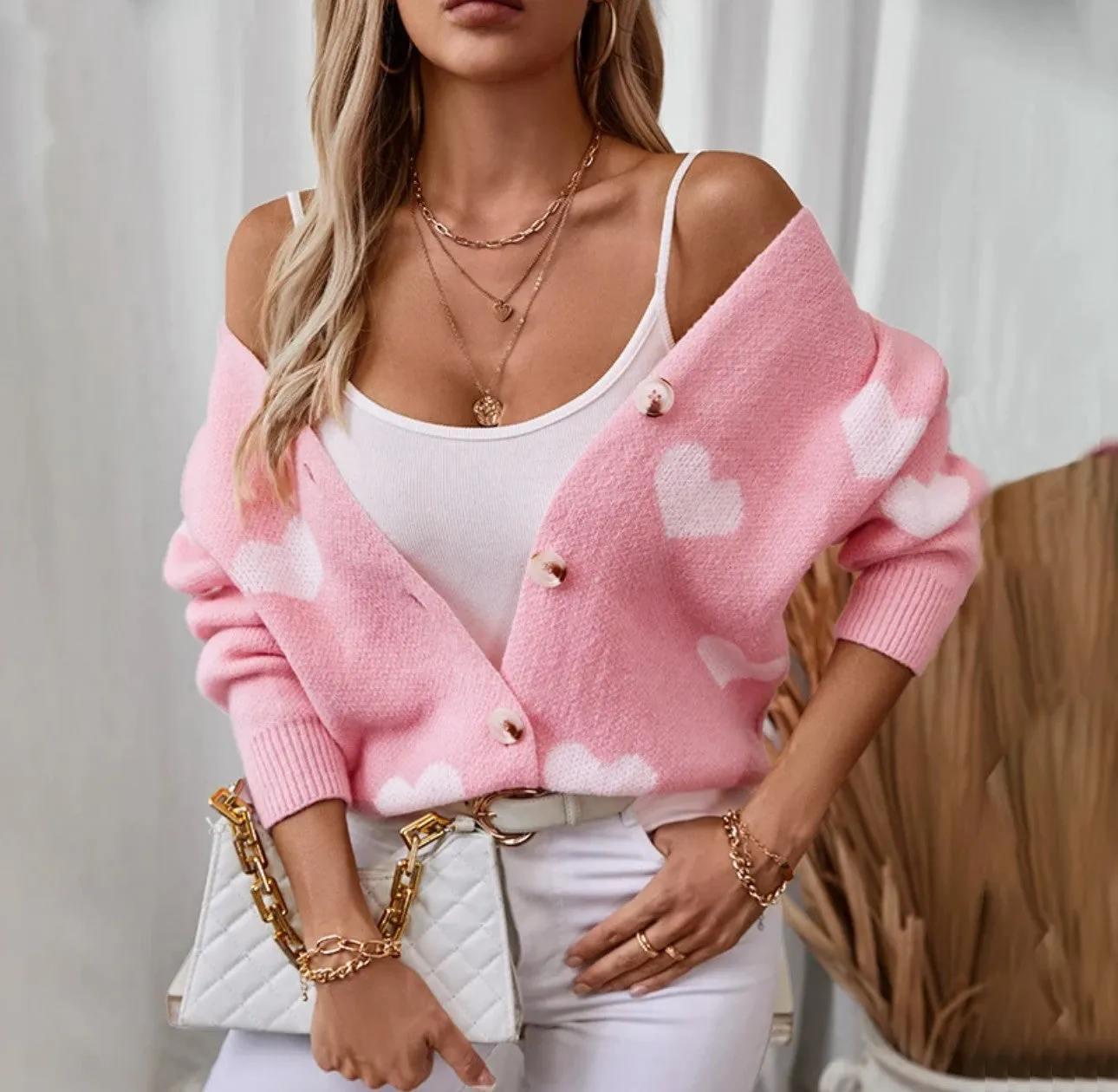 Knitted Heart Cardigan in Wine Pink