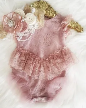 Kryssi Kouture Exclusive Girls Paris Dusty Rose Lace Ruffle Romper