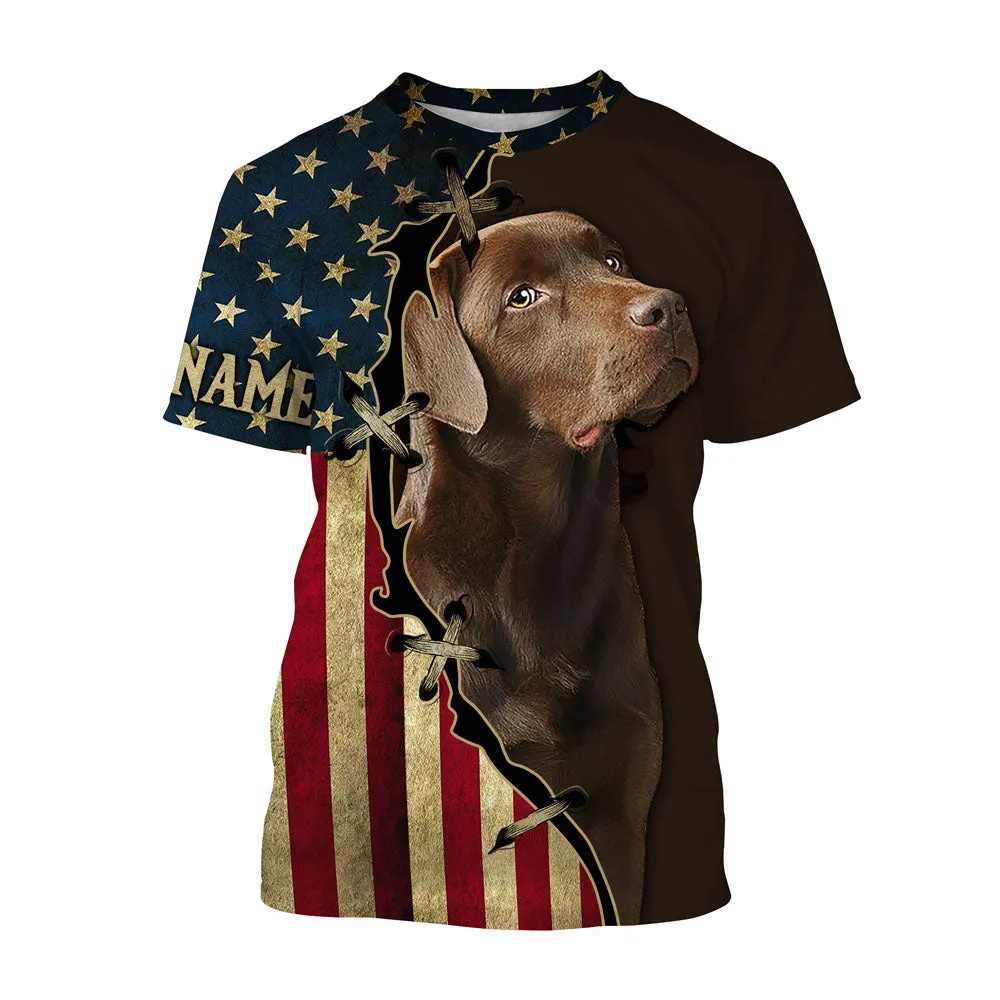 Labrador Retriever 3D Long Sleeve, Custom All Over Print USA Flag Chocolate Labrador Shirt