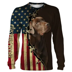 Labrador Retriever 3D Long Sleeve, Custom All Over Print USA Flag Chocolate Labrador Shirt