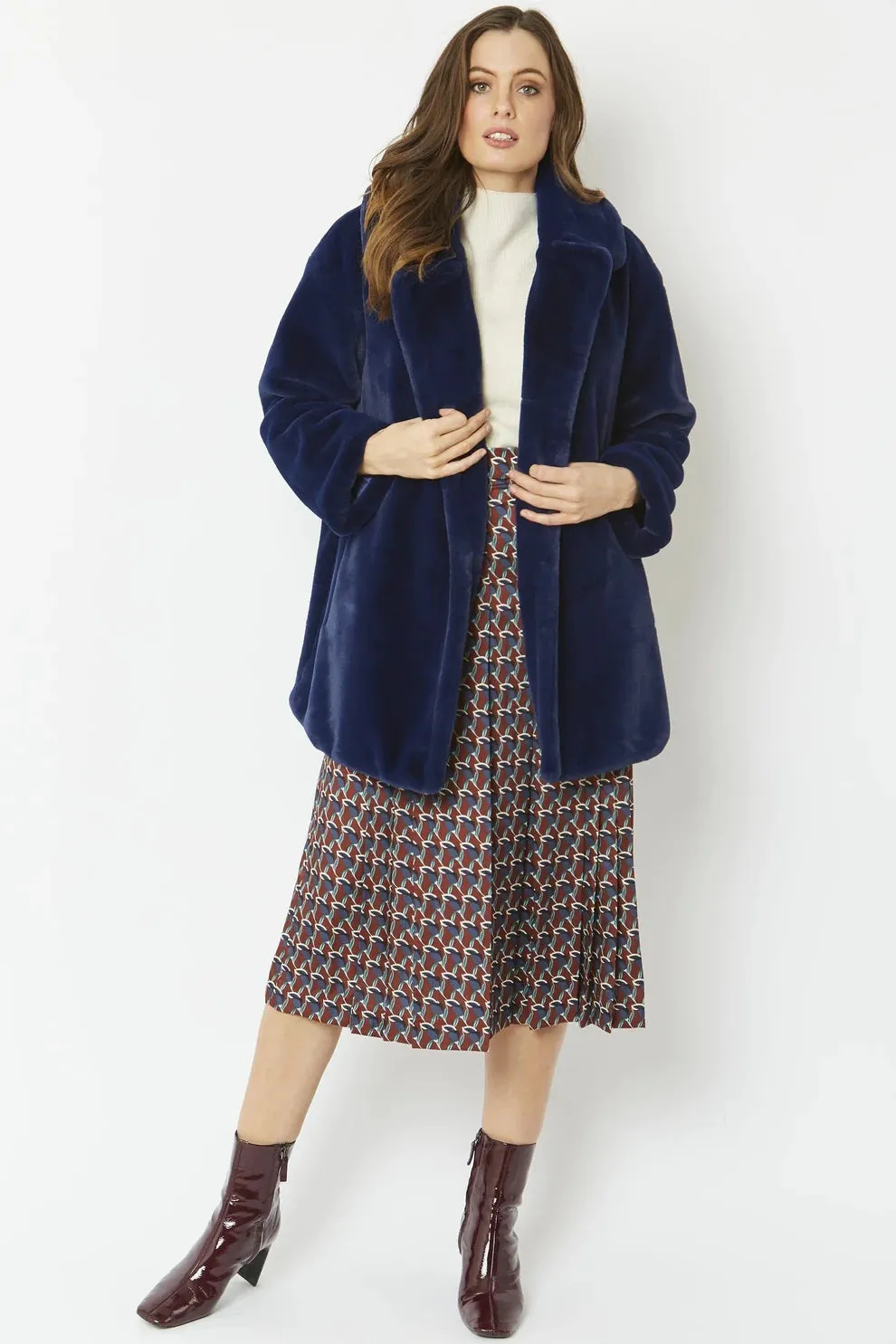 Ladies Blue Faux Fur Midi Coat