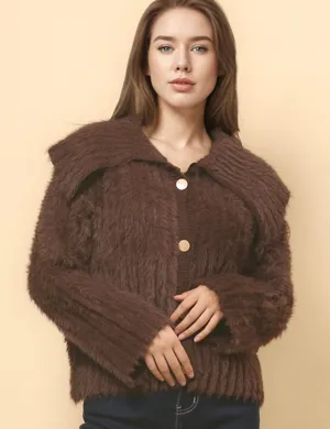 Ladies Soft Faux Mink Turndown Collar Botton Cardigan SKT4807