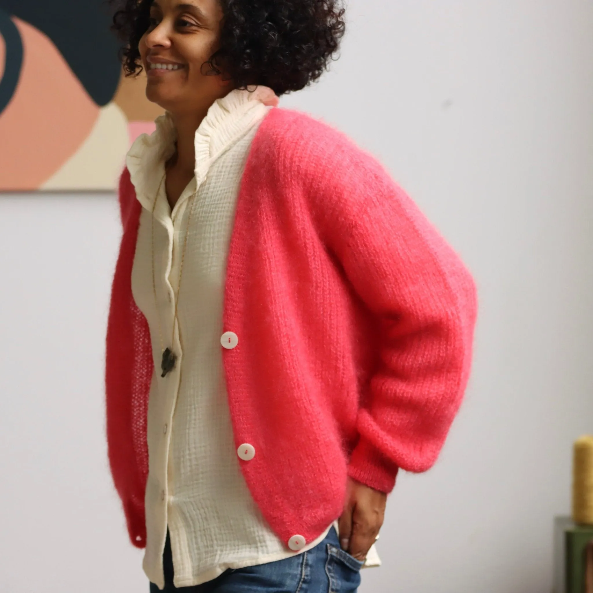 Le gilet Philippine mohair et laine - rose gourmand