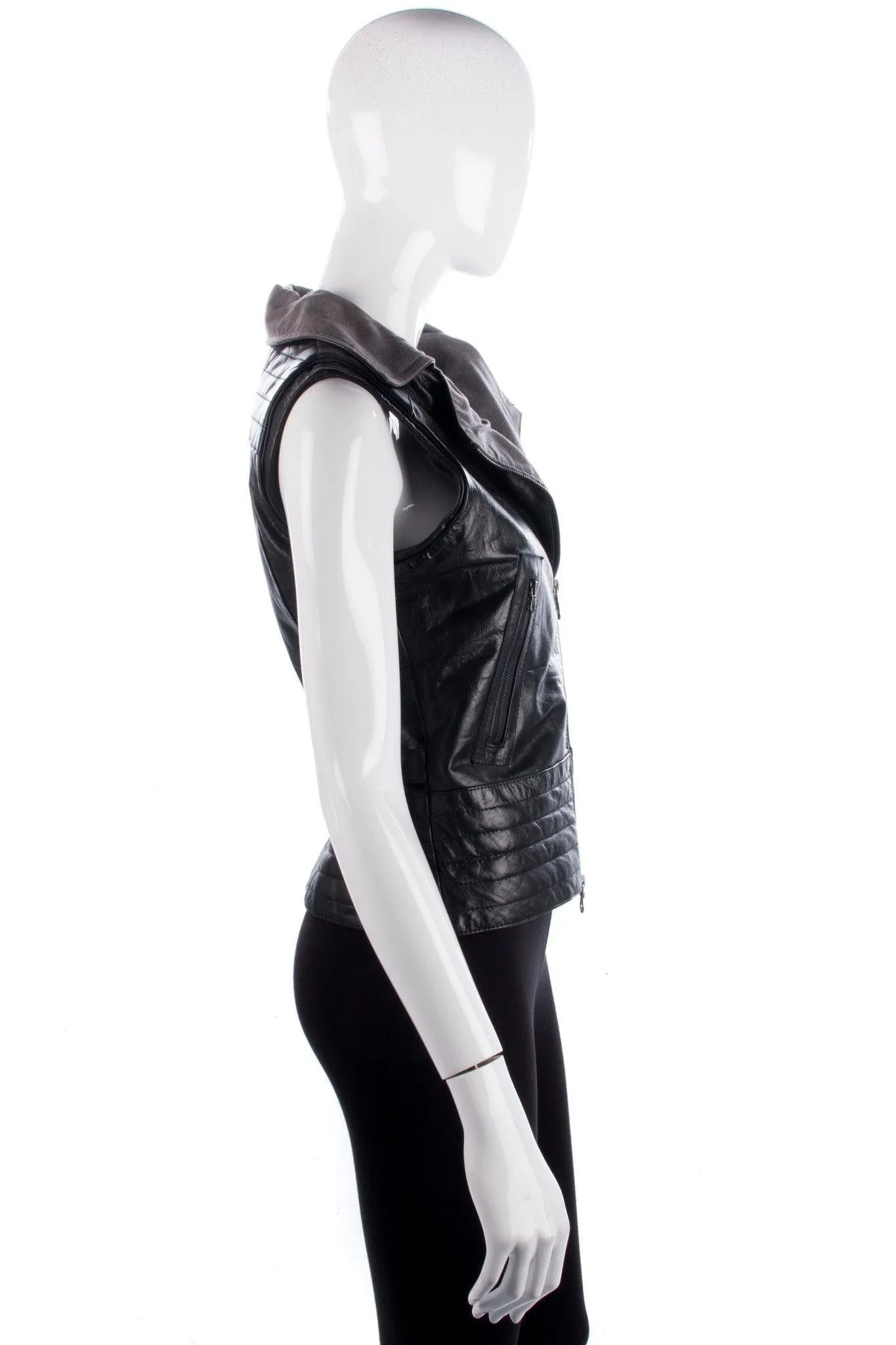 Leather Biker Style Waistcoat Lined Diagonal Zipper Black Size 8/10