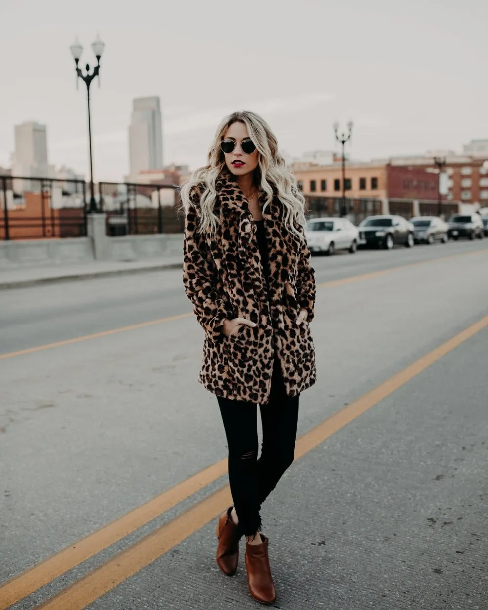 Leopard Print Faux Fur Coat  - Women Jacket