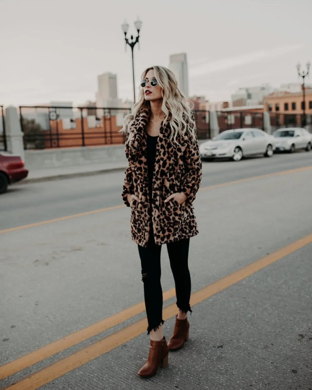 Leopard Print Faux Fur Coat  - Women Jacket